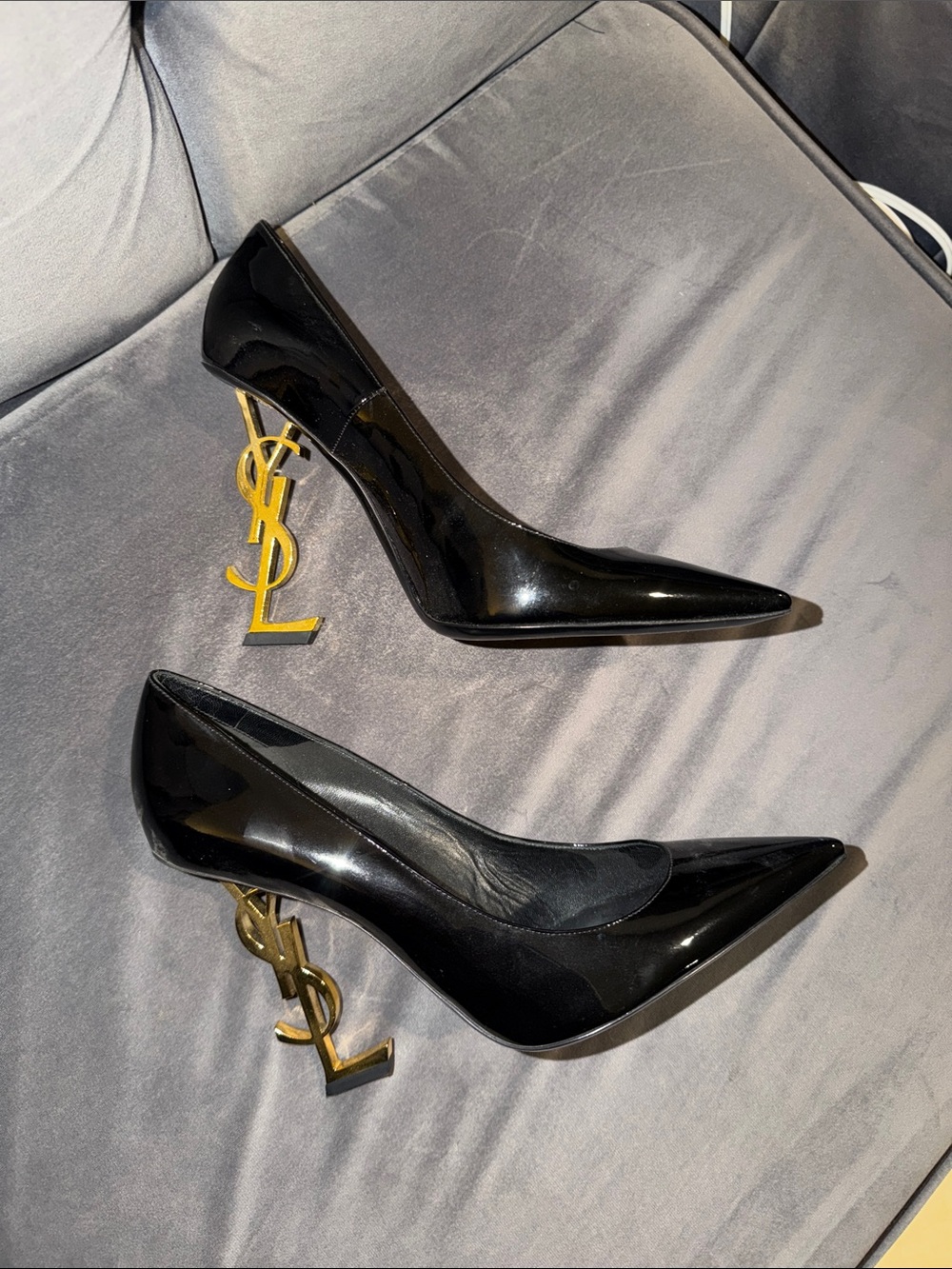 Saint Laurent Black Patent Leather Pumps with Gold YSL Logo Heels